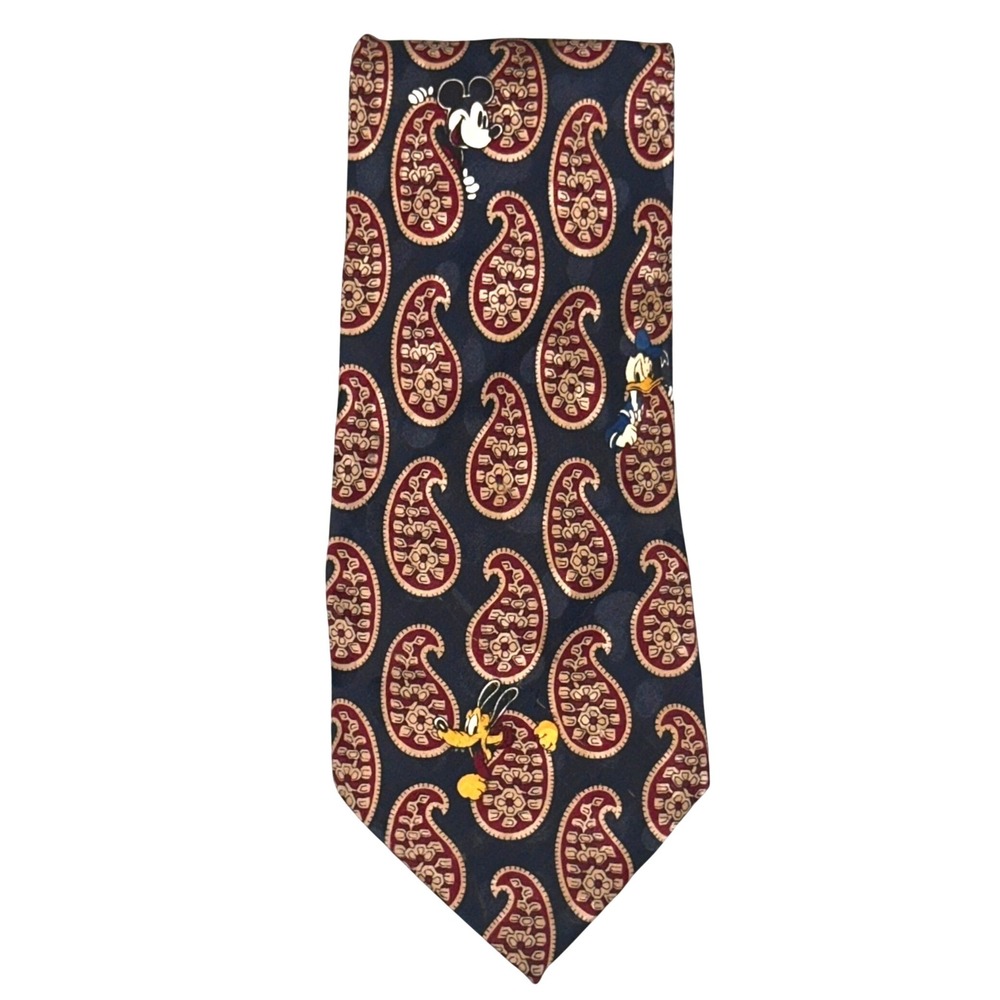 Vintage Disney Store Silk Necktie Mens OS Navy Paisley Mickey Donald Goofy 90s